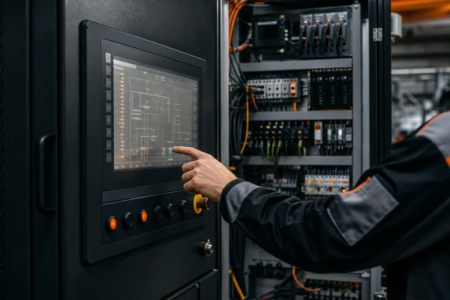 Técnico operando una interfaz HMI junto a un tablero de automatización
